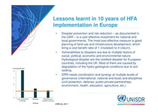 Lessons learnt in 10 years of HFA 
implementation in Europe 
• Disaster prevention and risk reduction – as documented in 
the GAR – is a cost effective investment for national and 
local governments. The most cost effective measure is good 
planning of land use and infrastructure development, which 
bring a cost benefit ratio of 1 (invested) to 4 (return). 
• Vulnerabilities to disasters are due to multiple factors of 
social, political, economic and environmental nature. 
Hydrological disaster are the costliest disaster for European 
countries, including the UK. Most of them are caused by 
degradation of the hydro-geological conditions due to soil 
sealing. 
• DRR needs coordination and synergy at multiple levels of 
governance (international, national and local) and disciplines 
(civil protection, defense, public-private partnerships, 
environment, health, education, agriculture, etc.) 
ERN-AL 2011 
 