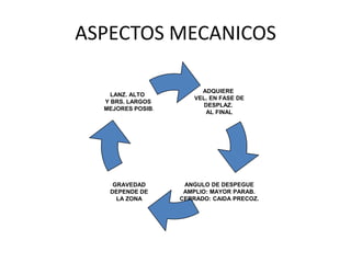 ASPECTOS MECANICOS
ADQUIERE
VEL. EN FASE DE
DESPLAZ.
AL FINAL
GRAVEDAD
DEPENDE DE
LA ZONA
LANZ. ALTO
Y BRS. LARGOS
MEJORES POSIB.
ANGULO DE DESPEGUE
AMPLIO: MAYOR PARAB.
CERRADO: CAIDA PRECOZ.
 
