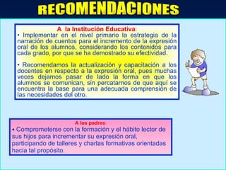 RECOMENDACIONES A  la Institución Educativa : Implementar en el nivel primario la estrategia de la narración de cuentos para el incremento de la expresión oral de los alumnos, considerando los contenidos para cada grado, por que se ha demostrado su efectividad. Recomendamos la actualización y capacitación a los docentes en respecto a la expresión oral, pues muchas veces dejamos pasar de lado la forma en que los alumnos se comunican, sin percatarnos de que aquí se encuentra la base para una adecuada comprensión de las necesidades del otro. A los padres : Comprometerse con la formación y el hábito lector de sus hijos para incrementar su expresión oral, participando de talleres y charlas formativas orientadas hacia tal propósito. 