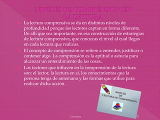  La lectura comprensiva se da en distintos niveles de
profundidad porque los lectores captan en forma diferente.
De allí que sea importante, en esa construcción de estrategias
de lectura comprensiva, que conozcas el nivel al cual llegas
en cada lectura que realizas.
 El concepto de comprensión se refiere a entender, justificar o
contener algo. La comprensión es la aptitud o astucia para
alcanzar un entendimiento de las cosas..
 Los factores que influyen en la comprensión de la lectura
son: el lector, la lectura en si, los conocimientos que la
persona tenga de antemano y las formas que utilice para
realizar dicha acción.
La Lectura 12
 