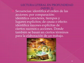  Secuencias: identifica el orden de las
acciones; por comparación:
identifica caracteres, tiempos y
lugares explícitos; de causa o efecto:
identifica razones explícitas de
ciertos sucesos o acciones. Donde
también se basan en ciertos términos
para la elaboración de un trabajo.
La Lectura 14
 