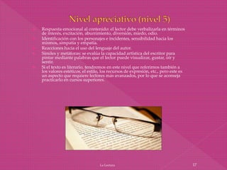  Respuesta emocional al contenido: el lector debe verbalizarla en términos
de interés, excitación, aburrimiento, diversión, miedo, odio.
 Identificación con los personajes e incidentes, sensibilidad hacia los
mismos, simpatía y empatía.
 Reacciones hacia el uso del lenguaje del autor.
 Símiles y metáforas: se evalúa la capacidad artística del escritor para
pintar mediante palabras que el lector puede visualizar, gustar, oír y
sentir.
 Si el texto es literario, tendremos en este nivel que referirnos también a
los valores estéticos, el estilo, los recursos de expresión, etc., pero este es
un aspecto que requiere lectores más avanzados, por lo que se aconseja
practicarlo en cursos superiores.
La Lectura 17
 