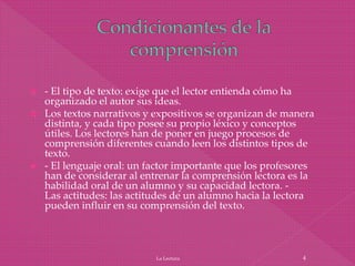  - El tipo de texto: exige que el lector entienda cómo ha
organizado el autor sus ideas.
 Los textos narrativos y expositivos se organizan de manera
distinta, y cada tipo posee su propio léxico y conceptos
útiles. Los lectores han de poner en juego procesos de
comprensión diferentes cuando leen los distintos tipos de
texto.
 - El lenguaje oral: un factor importante que los profesores
han de considerar al entrenar la comprensión lectora es la
habilidad oral de un alumno y su capacidad lectora. -
Las actitudes: las actitudes de un alumno hacia la lectora
pueden influir en su comprensión del texto.
La Lectura 4
 