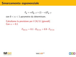 Smorzamento esponenziale

                     Fg = αDg −7 + (1 − α)Fg −7
  con 0 < α < 1 parametro da determinare.

  Calcoliamo la previsione per il 24/11 (gioved`
                                               ı)
  Con α = 0.1

                  F24/11 = 0.1 · D17/11 + 0.9 · F17/11
 