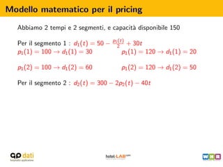 Modello matematico per il pricing
  Abbiamo 2 tempi e 2 segmenti, e capacit` disponibile 150
                                         a
                                      p1 (t)
  Per il segmento 1 : d1 (t) = 50 −     2  + 30t
  p1 (1) = 100 → d1 (1) = 30              p1 (1) = 120 → d1 (1) = 20

  p1 (2) = 100 → d1 (2) = 60              p1 (2) = 120 → d1 (2) = 50

  Per il segmento 2 : d2 (t) = 300 − 2p2 (t) − 40t
 