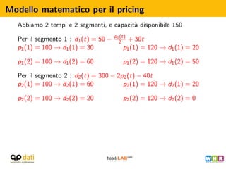 Modello matematico per il pricing
  Abbiamo 2 tempi e 2 segmenti, e capacit` disponibile 150
                                         a
                                      p1 (t)
  Per il segmento 1 : d1 (t) = 50 −     2  + 30t
  p1 (1) = 100 → d1 (1) = 30              p1 (1) = 120 → d1 (1) = 20

  p1 (2) = 100 → d1 (2) = 60              p1 (2) = 120 → d1 (2) = 50

  Per il segmento 2 : d2 (t) = 300 − 2p2 (t) − 40t
  p2 (1) = 100 → d2 (1) = 60           p2 (1) = 120 → d2 (1) = 20

  p2 (2) = 100 → d2 (2) = 20              p2 (2) = 120 → d2 (2) = 0
 