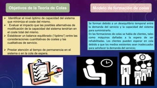 Objetivos de la Teoría de Colas
 Identificar el nivel óptimo de capacidad del sistema
que minimiza el coste del mismo.
 Evaluar el impacto que las posibles alternativas de
modificación de la capacidad del sistema tendrían en
el coste total del mismo.
 Establecer un balance equilibrado (“óptimo”) entre las
consideraciones cuantitativas de costes y las
cualitativas de servicio.
 Prestar atención al tiempo de permanencia en el
sistema o en la cola de espera.
Modelo de formación de colas
Se forman debido a un desequilibrio temporal entre
la demanda del servicio y la capacidad del sistema
para suministrarlo.
En las formaciones de colas se habla de clientes, tales
como máquinas dañadas a la espera de ser
rehabilitadas. Los clientes pueden esperar en cola
debido a que los medios existentes sean inadecuados
para satisfacer la demanda del servicio;
 
