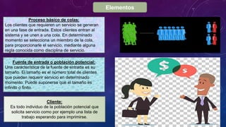 Elementos
Proceso básico de colas:
Los clientes que requieren un servicio se generan
en una fase de entrada. Estos clientes entran al
sistema y se unen a una cola. En determinado
momento se selecciona un miembro de la cola,
para proporcionarle el servicio, mediante alguna
regla conocida como disciplina de servicio.
Fuente de entrada o población potencial:
Una característica de la fuente de entrada es su
tamaño. El tamaño es el número total de clientes
que pueden requerir servicio en determinado
momento. Puede suponerse que el tamaño es
infinito o finito.
Cliente:
Es todo individuo de la población potencial que
solicita servicio como por ejemplo una lista de
trabajo esperando para imprimirse.
 