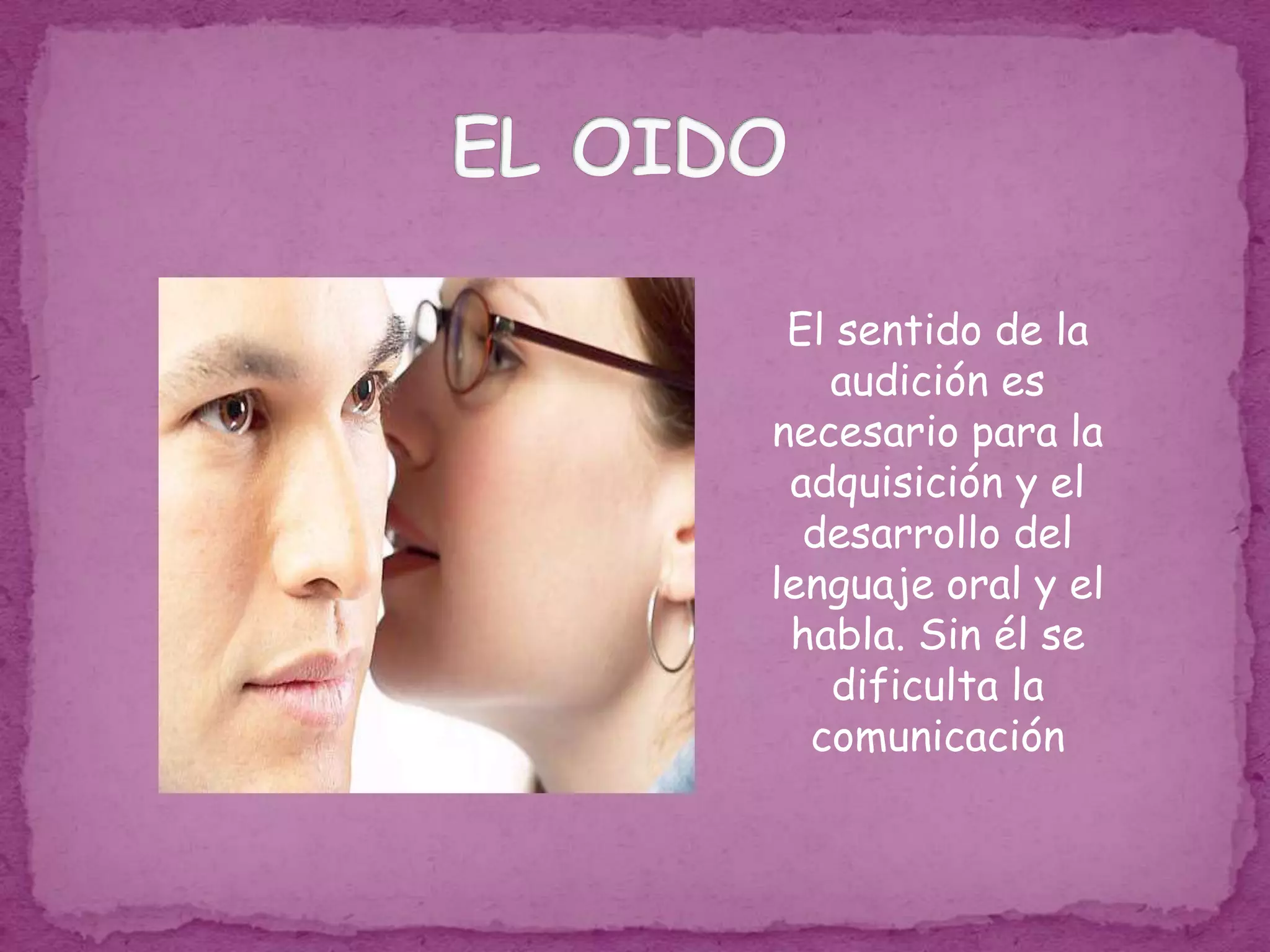EL OIDOEl sentido de la audición es necesario para la adquisición y el desarrollo del lenguaje oral y el habla. Sin él se dificulta la comunicación 