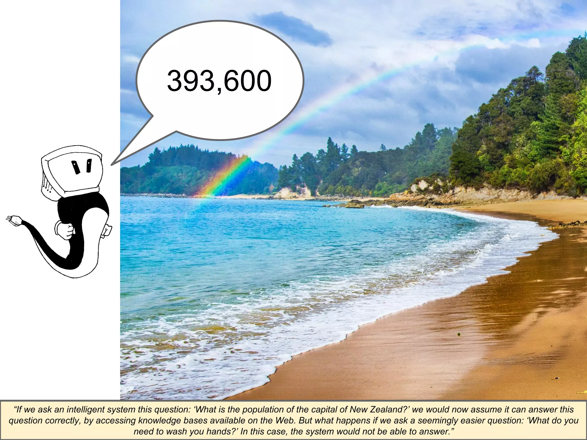 339933,,660000 
“If we ask an intelligent system this question: ‘What is the population of the capital of New Zealand?’ we would now assume it can answer this 
question correctly, by accessing knowledge bases available on the Web. But what happens if we ask a seemingly easier question: ‘What do you 
need to wash you hands?’ In this case, the system would not be able to answer.” 
 