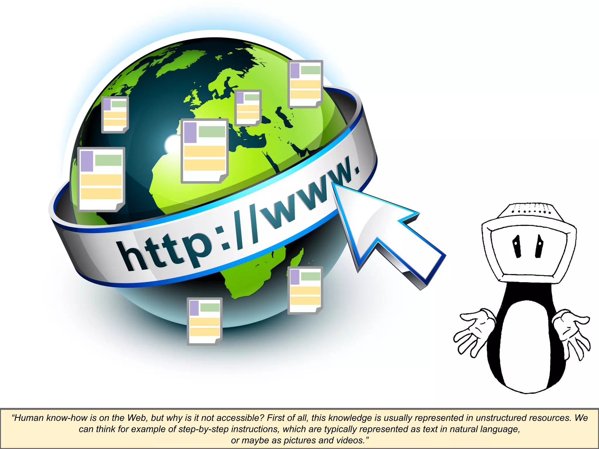 “Human know-how is on the Web, but why is it not accessible? First of all, this knowledge is usually represented in unstructured resources. We 
can think for example of step-by-step instructions, which are typically represented as text in natural language, 
or maybe as pictures and videos.” 
 