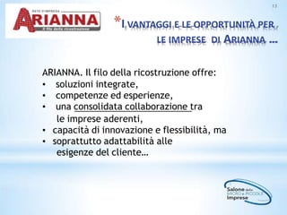 13
*I VANTAGGI E LE OPPORTUNITÀ PER
LE IMPRESE DI ARIANNA …
ARIANNA. Il filo della ricostruzione offre:
•
•
•
soluzioni integrate,
competenze ed esperienze,
una consolidata collaborazione tra
le imprese aderenti,
• capacità di innovazione e flessibilità, ma
• soprattutto adattabilità alle
esigenze del cliente…
 