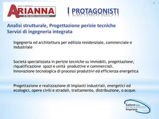 I PROTAGONISTI
2
Ingegneria ed architettura per edilizia residenziale, commerciale e
industriale
Società specializzata in perizie tecniche su immobili, progettazione,
riqualificazione spazi e unità produttive e commerciali.
Innovazione tecnologica di processi produttivi ed efficienza energetica
Progettazione e realizzazione di impianti industriali, energetici ed
ecologici, opere civili e stradali, trattamento, distribuzione, o acque.
Analisi strutturale, Progettazione perizie tecniche
Servizi di ingegneria integrata
 