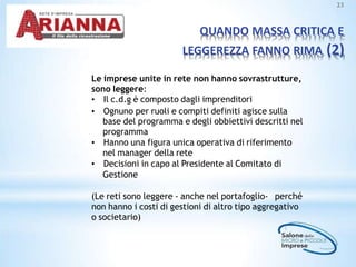 QUANDO MASSA CRITICA E
LEGGEREZZA FANNO RIMA (2)
23
Le imprese unite in rete non hanno sovrastrutture,
sono leggere:
• Il c.d.g è composto dagli imprenditori
• Ognuno per ruoli e compiti definiti agisce sulla
base del programma e degli obbiettivi descritti nel
programma
• Hanno una figura unica operativa di riferimento
nel manager della rete
• Decisioni in capo al Presidente al Comitato di
Gestione
(Le reti sono leggere - anche nel portafoglio- perché
non hanno i costi di gestioni di altro tipo aggregativo
o societario)
 