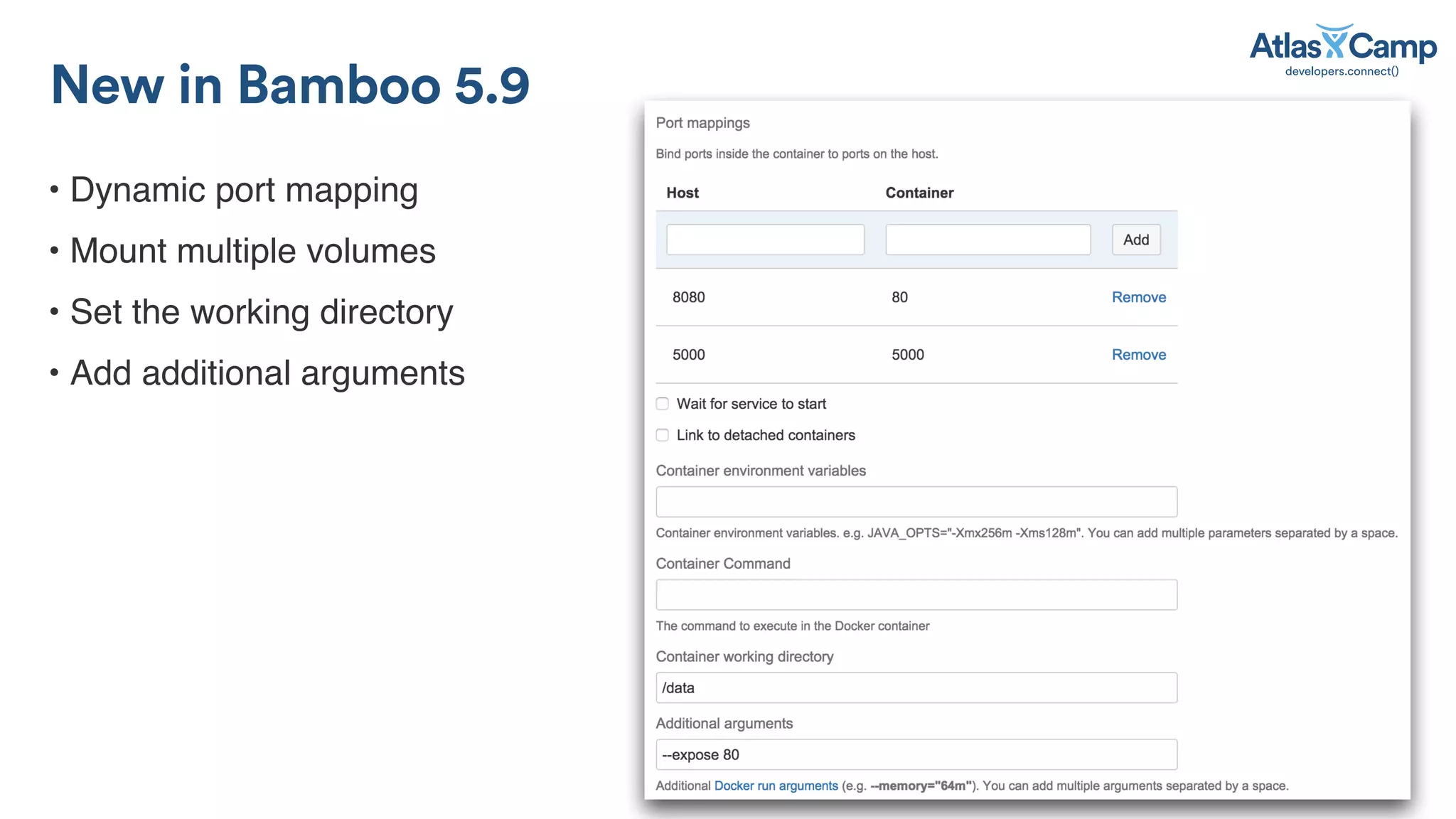 &bull; Dynamic port mapping
&bull; Mount multiple volumes
&bull; Set the working directory
&bull; Add additional arguments
New in Bamboo 5.9
 