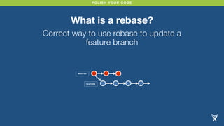 POLISH YOUR CODE
What is a rebase?
Correct way to use rebase to update a
feature branch
MASTER
FEATURE
 