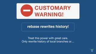 CUSTOMARY
WARNING!
rebase rewrites history!
Treat this power with great care. 

Only rewrite history of local branches or…
 