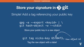 PREVENT TAMPERING
Store your signature in
Simple! Add a tag referencing your public key
gpg -a --export <keyid> | 
git hash-object -w --stdin
Store your public key in a raw object
git tag nicks-key 65704f3…
Tag the raw object with a label
raw object id
 