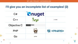 GIT AND PROJECT DEPENDENCIES
I’ll give you an incomplete list of examples! (2)
C#
C++ c-make
Objective C
PHP
Go godep
 