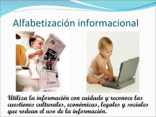 Alfabetización informacional Utiliza la información con cuidado y reconoce las cuestiones culturales, económicas, legales y sociales que rodean el uso de la información. 
