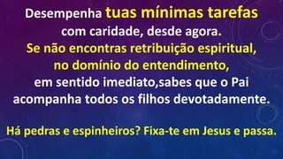 Desempenha tuas mínimas tarefas
com caridade, desde agora.
Se não encontras retribuição espiritual,
no domínio do entendimento,
em sentido imediato,sabes que o Pai
acompanha todos os filhos devotadamente.
Há pedras e espinheiros? Fixa-te em Jesus e passa.
 