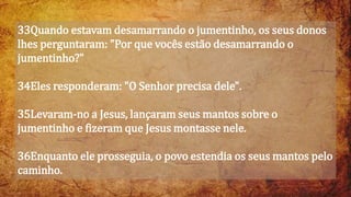 33Quando estavam desamarrando o jumentinho, os seus donos
lhes perguntaram: "Por que vocês estão desamarrando o
jumentinho?"
34Eles responderam: "O Senhor precisa dele".
35Levaram-no a Jesus, lançaram seus mantos sobre o
jumentinho e fizeram que Jesus montasse nele.
36Enquanto ele prosseguia, o povo estendia os seus mantos pelo
caminho.
 