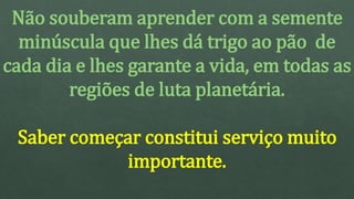 Não souberam aprender com a semente
minúscula que lhes dá trigo ao pão de
cada dia e lhes garante a vida, em todas as
regiões de luta planetária.
Saber começar constitui serviço muito
importante.
 