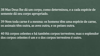 38 Mas Deus lhe dá um corpo, como determinou, e a cada espécie de
semente dá seu corpo apropriado.
39 Nem toda carne é a mesma: os homens têm uma espécie de carne,
os animais têm outra, as aves outra, e os peixes outra.
40 Há corpos celestes e há também corpos terrestres; mas o esplendor
dos corpos celestes é um e o dos corpos terrestres é outro.
 