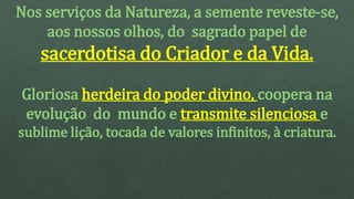 Nos serviços da Natureza, a semente reveste-se,
aos nossos olhos, do sagrado papel de
sacerdotisa do Criador e da Vida.
Gloriosa herdeira do poder divino, coopera na
evolução do mundo e transmite silenciosa e
sublime lição, tocada de valores infinitos, à criatura.
 