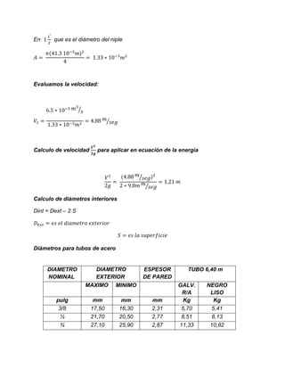 En que es el diámetro del niple
Evaluamos la velocidad:
⁄
⁄
Calculo de velocidad para aplicar en ecuación de la energía
⁄
⁄
Calculo de diámetros interiores
Dint = Dext – 2 S
Diámetros para tubos de acero
DIAMETRO
NOMINAL
DIAMETRO
EXTERIOR
ESPESOR
DE PARED
TUBO 6,40 m
MAXIMO MINIMO GALV.
R/A
NEGRO
LISO
pulg mm mm mm Kg Kg
3/8 17,50 16,30 2,31 5,70 5,41
½ 21,70 20,50 2,77 8,51 8,13
¾ 27,10 25,90 2,87 11,33 10,82
 