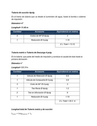 Tubería de succión 4pulg
Es el tramo de tubería que va desde el suministro de agua, hasta la bomba o sistema
de impulsión.
Diámetro= 4”
Longitud= 11.45 m
Cantidad Accesorio Equivalencia en metros
4 Codos de 90º Ø 4pulg 3
1 Reducción Ø 4 pulg 1.15
Σ L Total = 13.15
Tubería matriz o Tubería de Descarga 4 pulg
Es la tubería, que parte del medio de impulsión y conduce el caudal de ésta hasta la
primera derivación.
Diámetro=4”
Longitud=126.37m
Cantidad Accesorio Equivalencia en metros
1 Válvula de Retención Ø 4pulg 6.6
1 Válvula de Compuerta Ø 4 pulg 0.6
3 Codo de 90° Ø 4 pulg 3
1 Tee Recta Ø 4pulg 1.2
2 Tee en bifurcación Ø 4pulg 6
1 Reducción Ø 4 pulg 1.15
Σ L Total = 30.3 m
Longitud total de Tubería matriz y de succión
 
