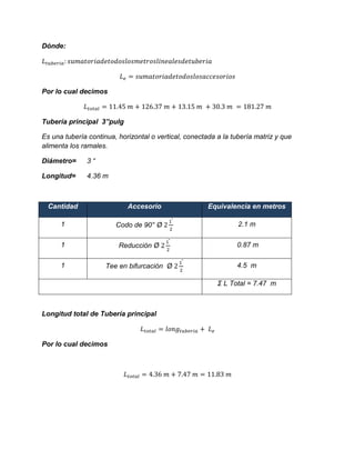 Dónde:
Por lo cual decimos
Tubería principal 3”pulg
Es una tubería continua, horizontal o vertical, conectada a la tubería matriz y que
alimenta los ramales.
Diámetro= 3 “
Longitud= 4.36 m
Cantidad Accesorio Equivalencia en metros
1 Codo de 90° Ø 2.1 m
1 Reducción Ø 0.87 m
1 Tee en bifurcación Ø 4.5 m
Σ L Total = 7.47 m
Longitud total de Tubería principal
Por lo cual decimos
 