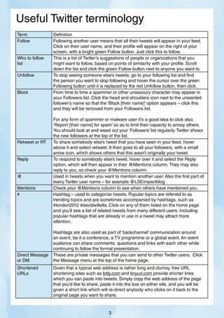 Useful Twitter terminology
Term Definition
Follow Following another user means that all their tweets will appear in your feed.
Click on their user name, and their profile will appear on the right of your
screen, with a bright green Follow button. Just click this to follow.
Who to follow
list
This is a list of Twitter’s suggestions of people or organizations that you
might want to follow, based on points of similarity with your profile. Scroll
down the list and click the green Follow button next to anyone you want to.
Unfollow To stop seeing someone else’s tweets, go to your following list and find
the person you want to stop following and hover the cursor over the green
Following button until it is replaced by the red Unfollow button, then click.
Block From time to time a spammer or other unsavoury character may appear in
your Followers list. Click the head and shoulders icon next to the unwanted
follower’s name so that the ‘Block [their name]’ option appears – click this
and they will be removed from your Followers list.
For any form of spammer or malware user it’s a good idea to click also
‘Report [their name] for spam’ so as to limit their capacity to annoy others.
You should look at and weed out your ‘Followers’ list regularly. Twitter shows
the new followers at the top of the list.
Retweet or RT To share somebody else’s tweet that you have seen in your feed, hover
above it and select retweet. It then goes to all your followers, with a small
arrow icon, which shows others that this wasn’t originally your tweet.
Reply To respond to somebody else’s tweet, hover over it and select the Reply
option, which will then appear in their @Mentions column. They may also
reply to you, so check your @Mentions column.
@ Used in tweets when you want to mention another user. Also the first part of
every Twitter user name – for example @LSEimpactblog
Mentions Check your @Mentions column to see when others have mentioned you.
# Hashtag – used to categorize tweets. Popular topics are referred to as
trending topics and are sometimes accompanied by hashtags, such as
#london2012 #davidwilletts. Click on any of them listed on the home page
and you’ll see a list of related tweets from many different users. Including
popular hashtags that are already in use in a tweet may attract more
attention.
Hashtags are also used as part of ‘backchannel’ communication around
an event, be it a conference, a TV programme or a global event. An event
audience can share comments, questions and links with each other while
continuing to follow the formal presentation.
Direct Message
or DM
These are private messages that you can send to other Twitter users. Click
the Message menu at the top of the home page.
Shortened
URLs
Given that a typical web address is rather long and clumsy, free URL
shortening sites such as bitly.com and tinyurl.com provide shorter links
which you can paste into tweets. Simply copy the web address of the page
that you’d like to share, paste it into the box on either site, and you will be
given a short link which will re-direct anybody who clicks on it back to the
original page you want to share.
3
 
