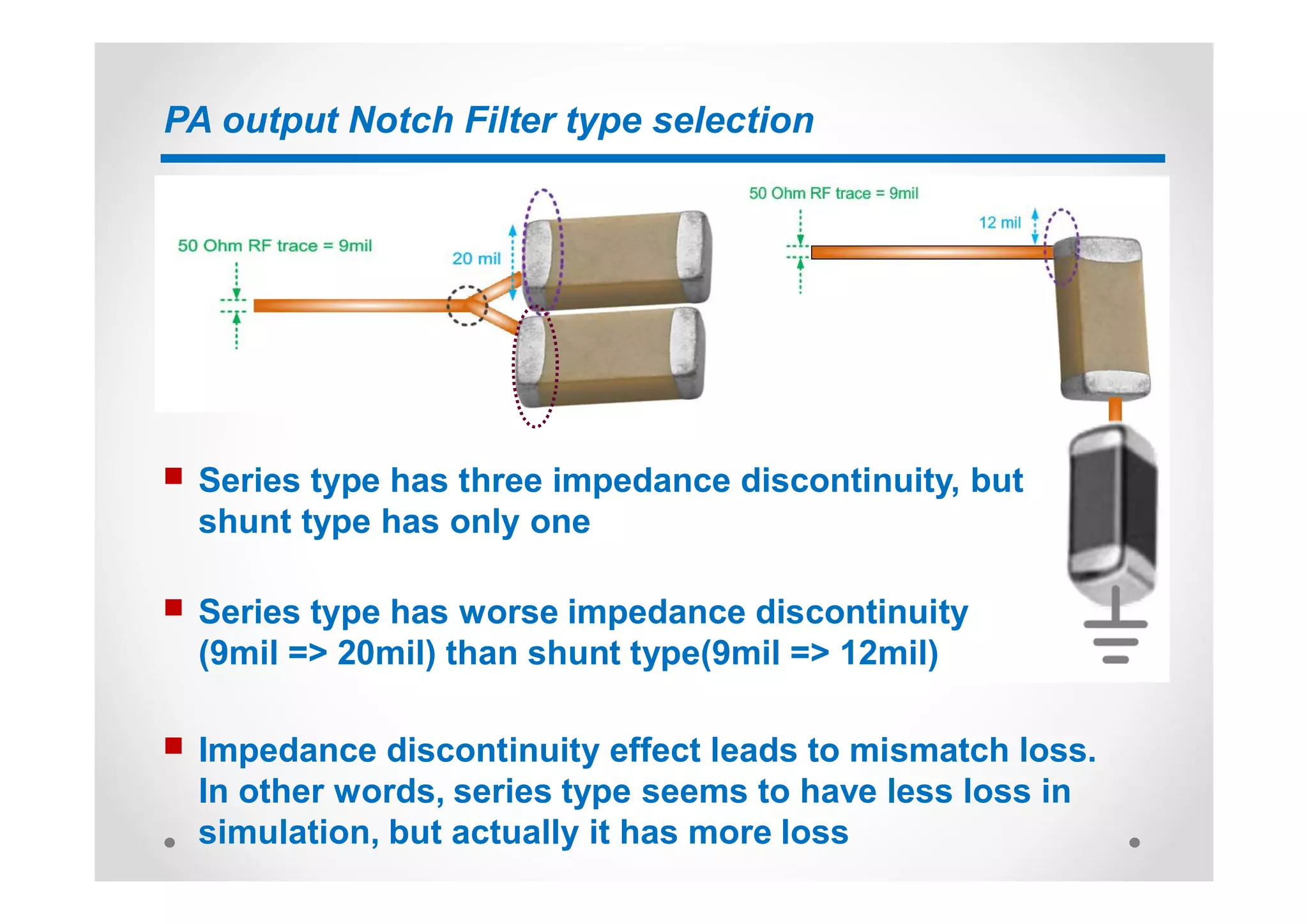 PA output Notch Filter type selection
n Series type has three impedance discontinuity, but
shunt type has only one
n Series type has worse impedance discontinuity
(9mil => 20mil) than shunt type(9mil => 12mil)
n Impedance discontinuity effect leads to mismatch loss.
In other words, series type seems to have less loss in
simulation, but actually it has more loss