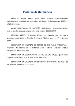 Material de Referência

        AÇÃO EDUCATIVA, UNICEF, PNUD, INEP, SEB/MEC (Coordenadores).
Indicadores da qualidade na educação. São Paulo: Ação Educativa, 2008, 3ª
edição ampliada.

        CONSELHO ESTADUAL DE EDUCAÇÃO – CEE. Normas Regimentais Básicas
para as escolas estaduais. Aprovadas pelo Parecer CEE 67/1998.

        PFEIFFER, PETER. “O Quadro Lógico: um método para planejar e
gerenciar mudanças”. In Revista do Serviço Público, ano 51, nº 1, jan-mar
2000.

        SECRETARIA DA EDUCAÇÃO DO ESTADO DE SÃO PAULO. PROGESTÃO –
programa     de   capacitação   à   distância   para   gestores   escolares,   Módulo
Introdutório. São Paulo: SEE.

        SECRETARIA DA EDUCAÇÃO DO ESTADO DE SÃO PAULO. Questionário
Diagnóstico da Escola – 2010. São Paulo: SEE, 2010.

        SECRETARIA DA EDUCAÇÃO DO ESTADO DE SÃO PAULO. Resolução SE
Nº 70/2010. São Paulo: SEE, 2010.




                                                                                  30
 