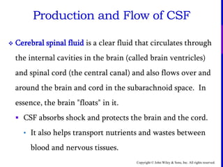 Copyright © John Wiley & Sons, Inc. All rights reserved.
 Cerebral spinal fluid is a clear fluid that circulates through
the internal cavities in the brain (called brain ventricles)
and spinal cord (the central canal) and also flows over and
around the brain and cord in the subarachnoid space. In
essence, the brain "floats" in it.
 CSF absorbs shock and protects the brain and the cord.
• It also helps transport nutrients and wastes between
blood and nervous tissues.
Production and Flow of CSF
 