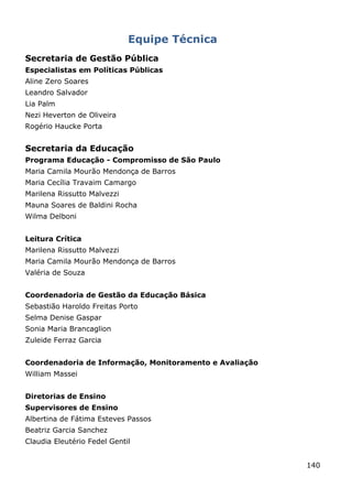 Equipe Técnica
Secretaria de Gestão Pública
Especialistas em Políticas Públicas
Aline Zero Soares
Leandro Salvador
Lia Palm
Nezi Heverton de Oliveira
Rogério Haucke Porta


Secretaria da Educação
Programa Educação - Compromisso de São Paulo
Maria Camila Mourão Mendonça de Barros
Maria Cecília Travaim Camargo
Marilena Rissutto Malvezzi
Mauna Soares de Baldini Rocha
Wilma Delboni


Leitura Crítica
Marilena Rissutto Malvezzi
Maria Camila Mourão Mendonça de Barros
Valéria de Souza


Coordenadoria de Gestão da Educação Básica
Sebastião Haroldo Freitas Porto
Selma Denise Gaspar
Sonia Maria Brancaglion
Zuleide Ferraz Garcia


Coordenadoria de Informação, Monitoramento e Avaliação
William Massei


Diretorias de Ensino
Supervisores de Ensino
Albertina de Fátima Esteves Passos
Beatriz Garcia Sanchez
Claudia Eleutério Fedel Gentil


                                                         140
 