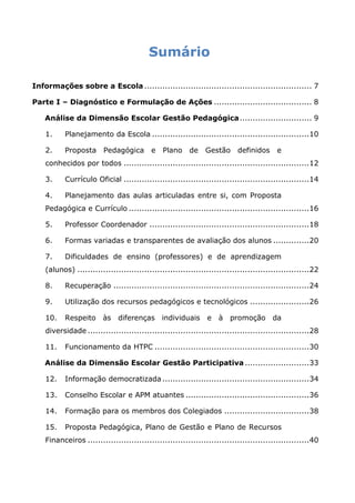 Sumário

Informações sobre a Escola ................................................................. 7

Parte I – Diagnóstico e Formulação de Ações ...................................... 8

    Análise da Dimensão Escolar Gestão Pedagógica ............................ 9

    1.     Planejamento da Escola .............................................................10

    2.     Proposta      Pedagógica        e   Plano     de    Gestão      definidos     e
    conhecidos por todos ........................................................................12

    3.     Currículo Oficial ........................................................................14

    4.     Planejamento das aulas articuladas entre si, com Proposta
    Pedagógica e Currículo ......................................................................16

    5.     Professor Coordenador ..............................................................18

    6.     Formas variadas e transparentes de avaliação dos alunos ..............20

    7.     Dificuldades de ensino (professores) e de aprendizagem
    (alunos) ..........................................................................................22

    8.     Recuperação ............................................................................24

    9.     Utilização dos recursos pedagógicos e tecnológicos .......................26

    10.    Respeito      às diferenças individuais             e    à promoção          da
    diversidade ......................................................................................28

    11.    Funcionamento da HTPC ............................................................30

    Análise da Dimensão Escolar Gestão Participativa .........................33

    12.    Informação democratizada .........................................................34

    13.    Conselho Escolar e APM atuantes ................................................36

    14.    Formação para os membros dos Colegiados .................................38

    15.    Proposta Pedagógica, Plano de Gestão e Plano de Recursos
    Financeiros ......................................................................................40
 