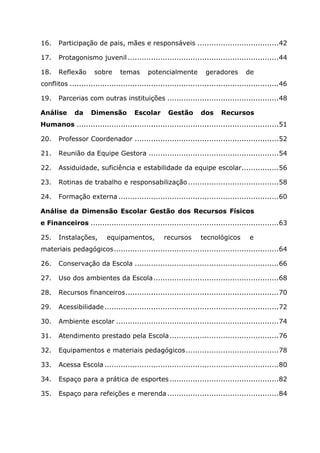 16.    Participação de pais, mães e responsáveis ...................................42

17.    Protagonismo juvenil .................................................................44

18.    Reflexão       sobre     temas       potencialmente          geradores       de
conflitos ..........................................................................................46

19.    Parcerias com outras instituições ................................................48

Análise      da     Dimensão          Escolar       Gestão        dos     Recursos
Humanos .......................................................................................51

20.    Professor Coordenador ..............................................................52

21.    Reunião da Equipe Gestora ........................................................54

22.    Assiduidade, suficiência e estabilidade da equipe escolar................56

23.    Rotinas de trabalho e responsabilização .......................................58

24.    Formação externa .....................................................................60

Análise da Dimensão Escolar Gestão dos Recursos Físicos
e Financeiros .................................................................................63

25.    Instalações,        equipamentos,          recursos        tecnológicos        e
materiais pedagógicos .......................................................................64

26.    Conservação da Escola ..............................................................66

27.    Uso dos ambientes da Escola ......................................................68

28.    Recursos financeiros ..................................................................70

29.    Acessibilidade ...........................................................................72

30.    Ambiente escolar ......................................................................74

31.    Atendimento prestado pela Escola ...............................................76

32.    Equipamentos e materiais pedagógicos ........................................78

33.    Acessa Escola ...........................................................................80

34.    Espaço para a prática de esportes ...............................................82

35.    Espaço para refeições e merenda ................................................84
 