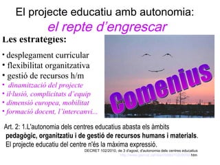 El projecte educatiu amb autonomia:  el repte de l’eficiència Art. 2: 1.L'autonomia dels centres educatius abasta els àmbits pedagògic, organitzatiu i de gestió de recursos humans i materials . El projecte educatiu del centre n'és la màxima expressió . DECRET 102/2010, de 3 d'agost, d'autonomia dels centres educatius http:// www . gencat . cat / diari /5686/10209099. htm   Les estratègies: desplegament curricular flexibilitat organitzativa gestió de recursos h/m   dinamització del projecte il·lusió, complicitats d’equip dimensió europea, mobilitat formació docent, l’intercanvi...  El projecte educatiu amb autonomia:  el repte d’engrescar Comenius 
