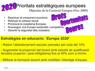 Prioritats estratègiques europees  Objectius de la Comissió Europea (Nov.2009) Reactivar el creixement econòmic Reforçar la cohesió social Promoure la ciutadania Europea. Aconseguir una Europa sostenible i competitiva Garantir la seguretat dels ciutadans Fonts :  http :// europa . eu / rapid / pressReleasesAction .do? reference =IP/09/1837&format=HTML& aged =0& language =ES& guiLanguage =en http:// www . euractiv . com /en/ priorities /2020- education - targets - poland - aiming - high - news -496773   2020 Estratègies en educacio:  ‘Europa 2020’ - Reduir  l’abandonament escolar prematur per sota del 10%  - Augmentar la proporció del jovent amb estudis de qualificació terciària (superior i post-obligatòria) fins al 40% com a mínim. - Millorar la formació docent amb mobilitat i lideratge d’equips Drets Oportunitats Deures 
