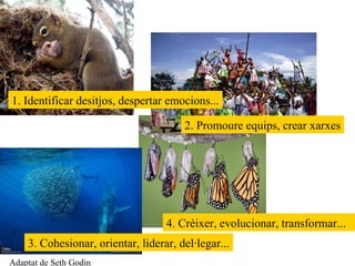 Adaptat de Seth Godin 4 . Crèixer,  evolucionar, transformar...  2. Promoure equips, crear xarxes 1. Identificar  desitjos,  despertar emocions... 3. Cohesionar, orientar, liderar,  del·legar ... 