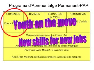 Programa d’Aprenentatge Permanent-PAP New skills for new jobs Youth on the move COMENIUS Educació escolar ERASMUS Educació superior i aprenentatges especialitzats LEONARDO  da VINCI  Formació professional GRUNDTVIG Educació d’adults  Programa transversal- 4 activitats clau Desenvolupament de polítiques educatives;  Aprenentatge de llengües; TIC; Difusió de bones pràctiques Programa Jean Monnet - 3 activitats clau Acció Jean Monnet; Institucions europees; Associacions europees  
