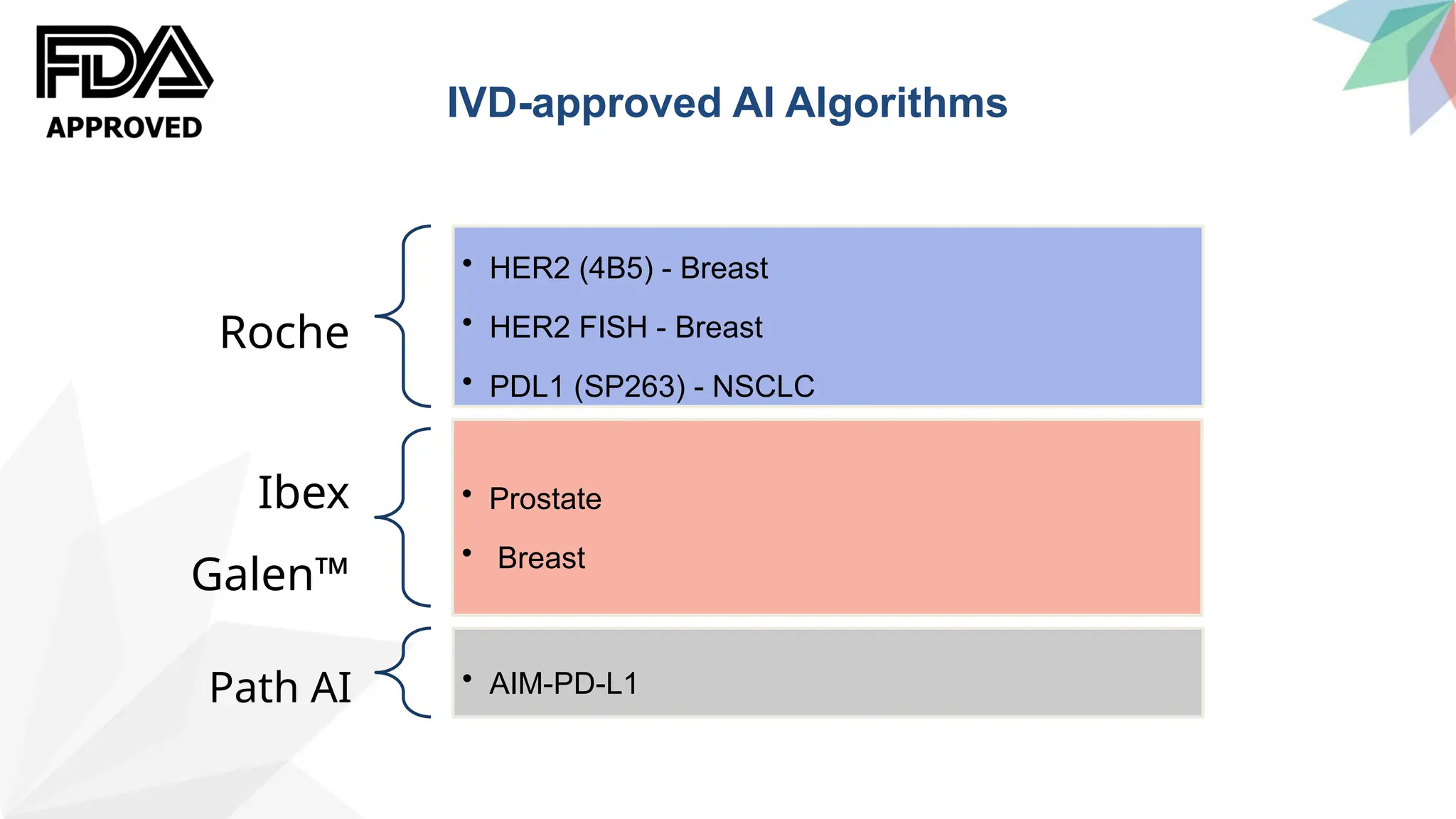 Roche
• HER2 (4B5) - Breast
• HER2 FISH - Breast
• PDL1 (SP263) - NSCLC
Ibex
Galen™
• Prostate
• Breast
Path AI • AIM-PD-L1
IVD-approved AI Algorithms
 