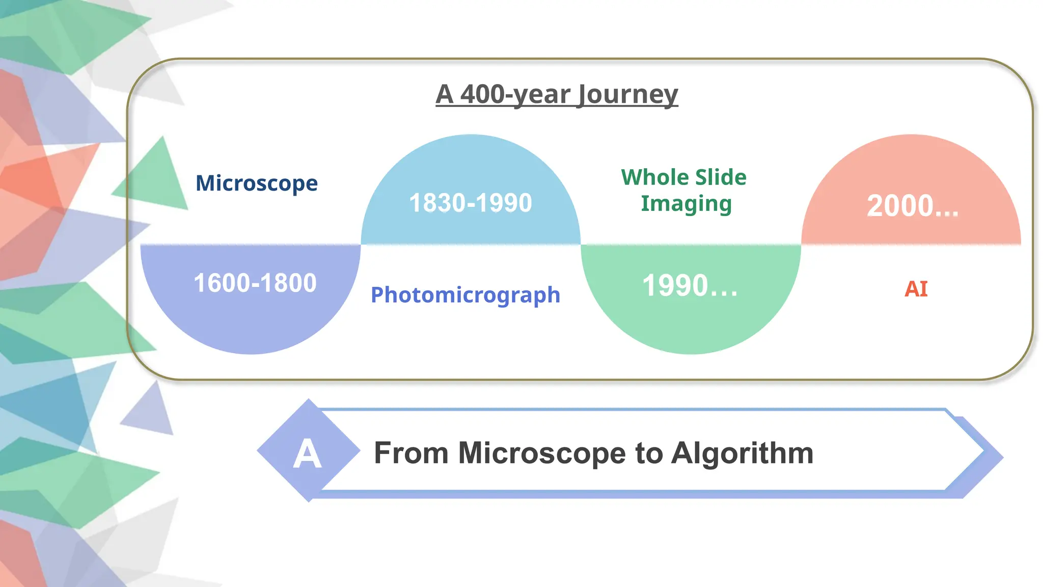 A From Microscope to Algorithm
1600-1800
1830-1990 2000...
1990…
Microscope
Photomicrograph
Whole Slide
Imaging
AI
A 400-year Journey
 