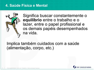 4. Saúde Física e Mental

                               Significa buscar constantemente o
                               equilíbrio entre o trabalho e o
                               lazer, entre o papel profissional e
                               os demais papéis desempenhados
                               na vida.

     Implica também cuidados com a saúde
     (alimentação, corpo, etc.)



11   Empregabilidade: Como ter Trabalho e Remuneração Sempre
 