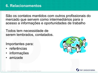 6. Relacionamentos

     São os contatos mantidos com outros profissionais do
     mercado que servem como intermediários para o
     acesso a informações e oportunidades de trabalho

     Todos tem necessidade de
     serem lembrados, contatados.

     Importantes para:
     • referências
     • informações
     • amizade


13   Empregabilidade: Como ter Trabalho e Remuneração Sempre
 