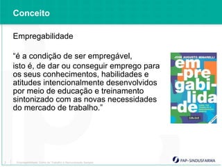 Conceito

    Empregabilidade

    “é a condição de ser empregável,
    isto é, de dar ou conseguir emprego para
    os seus conhecimentos, habilidades e
    atitudes intencionalmente desenvolvidos
    por meio de educação e treinamento
    sintonizado com as novas necessidades
    do mercado de trabalho.”




2   Empregabilidade: Como ter Trabalho e Remuneração Sempre
 