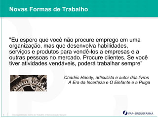 Novas Formas de Trabalho



    "Eu espero que você não procure emprego em uma
    organização, mas que desenvolva habilidades,
    serviços e produtos para vendê-los a empresas e a
    outras pessoas no mercado. Procure clientes. Se você
    tiver atividades vendáveis, poderá trabalhar sempre"

                                                        Charles Handy, articulista e autor dos livros
                                                         A Era da Incerteza e O Elefante e a Pulga




6   Empregabilidade: Como ter Trabalho e Remuneração Sempre
 