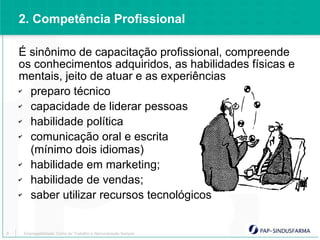 2. Competência Profissional

    É sinônimo de capacitação profissional, compreende
    os conhecimentos adquiridos, as habilidades físicas e
    mentais, jeito de atuar e as experiências
    ✔ preparo técnico
    ✔ capacidade de liderar pessoas
    ✔ habilidade política
    ✔ comunicação oral e escrita
      (mínimo dois idiomas)
    ✔ habilidade em marketing;
    ✔ habilidade de vendas;
    ✔ saber utilizar recursos tecnológicos


9   Empregabilidade: Como ter Trabalho e Remuneração Sempre
 